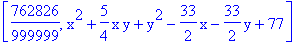 [762826/999999, x^2+5/4*x*y+y^2-33/2*x-33/2*y+77]